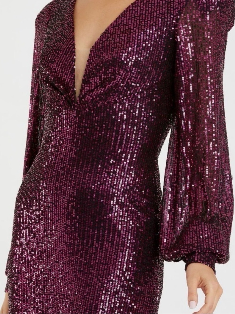 Mac Duggal Magenta Sequin Midi Dress with Puff Sleeves - Picture 5 of 6